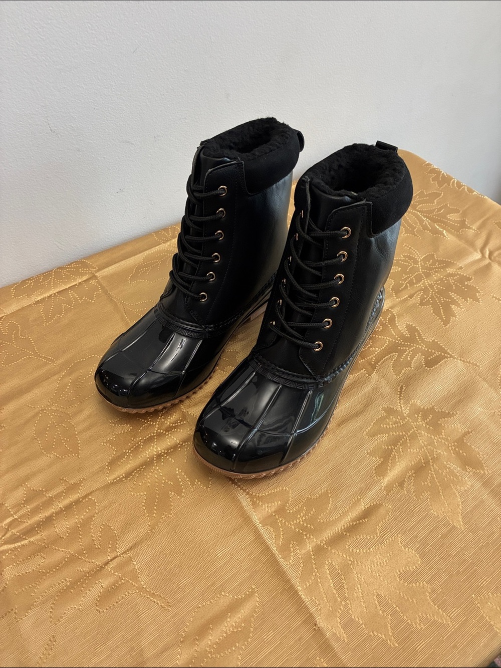 Women's Black Waterproof Lace-Up Winter Boots with Faux Fur Collar